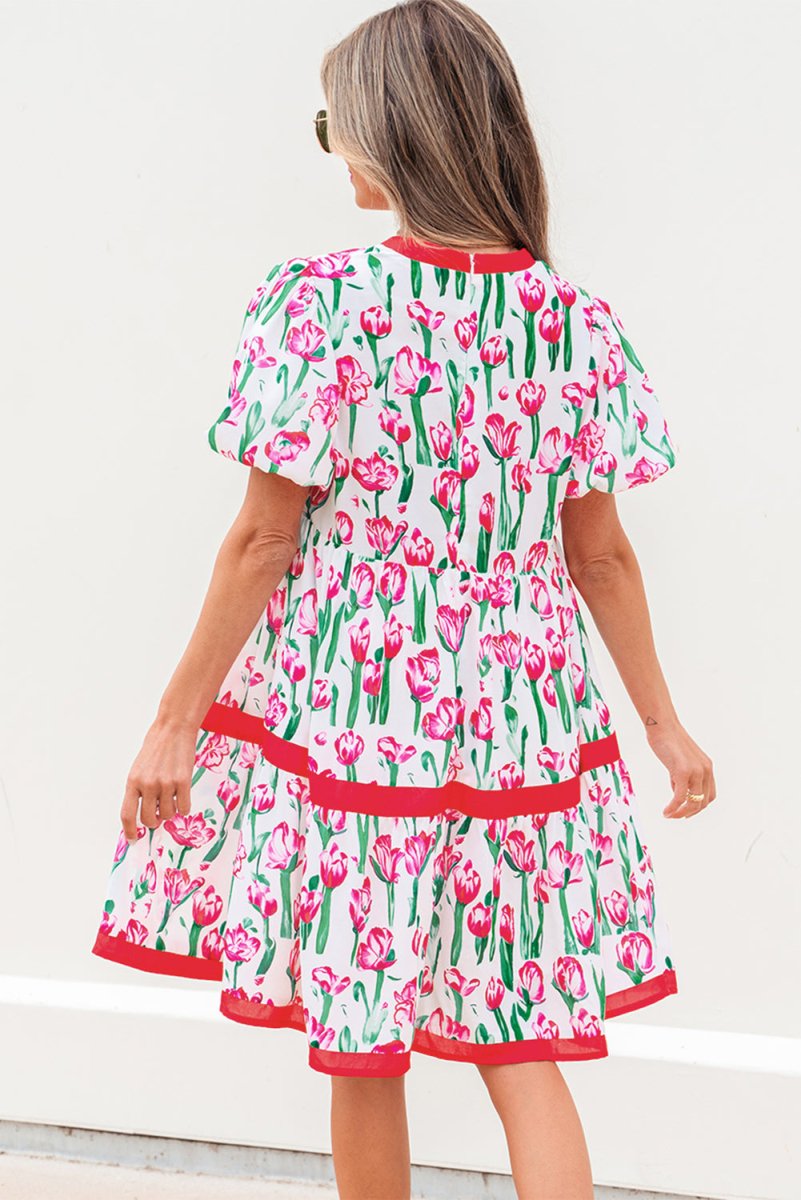 Pink Floral Print Contrast Trim V Neck Bubble Short Sleeve Babydoll Dress - Love Salve